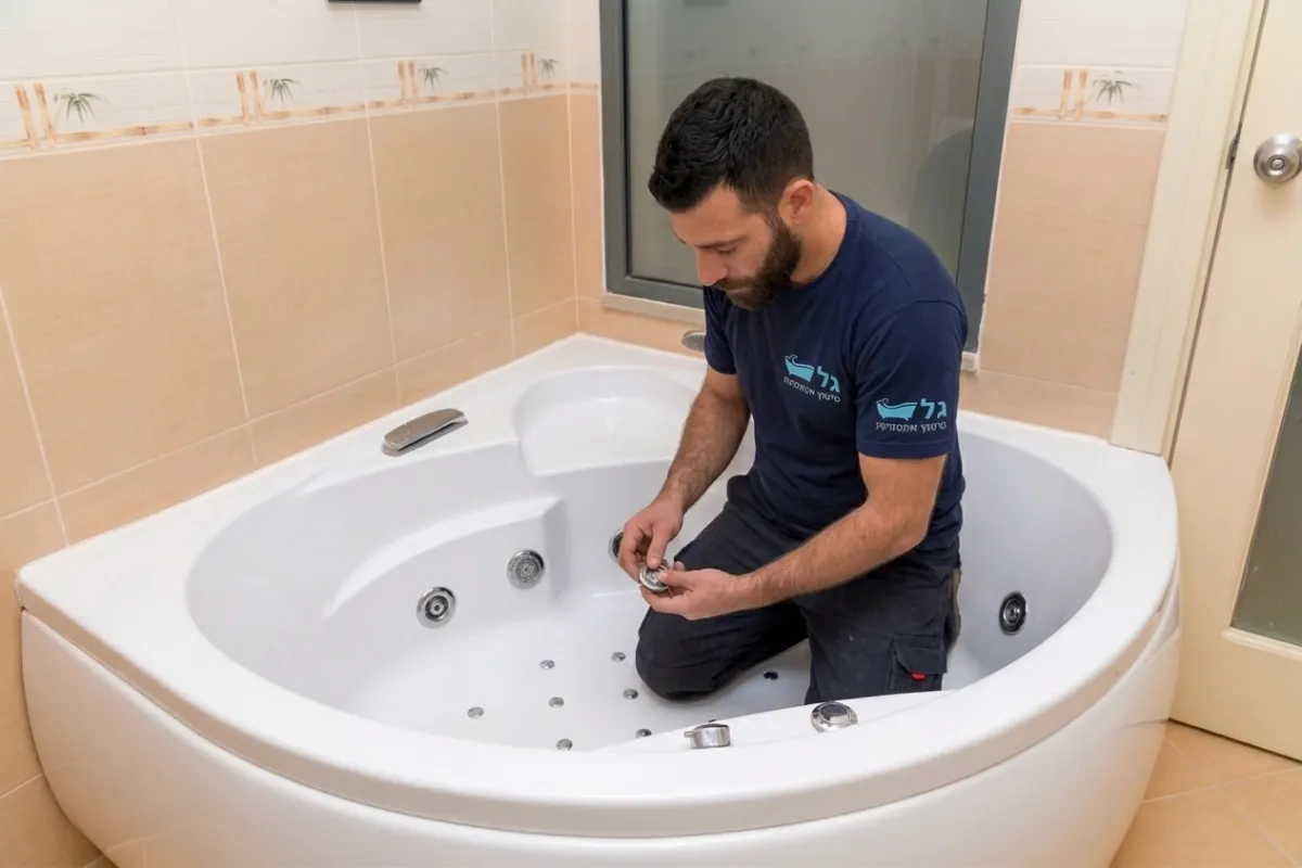 טכנאי גל אמבטיות מטפל בסילוני ג'קוזי באמבטיה פינתית