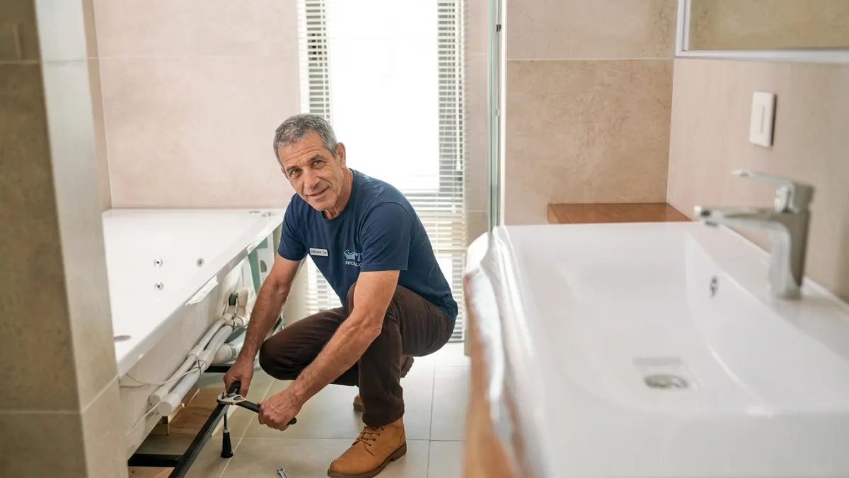 טכנאי גל אמבטיות עובד על מסגרת אמבטיה עם דופן מפורקת